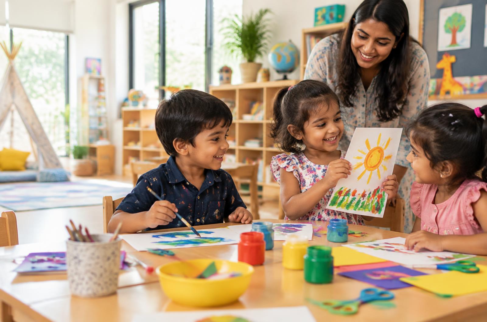 Children painting and creating art with a teacher nearby