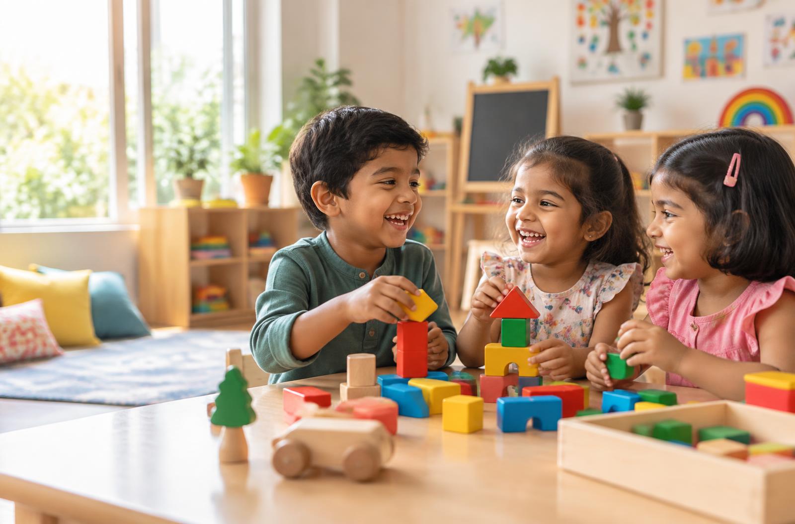 Young children enjoying colorful building blocks together in a bright classroom