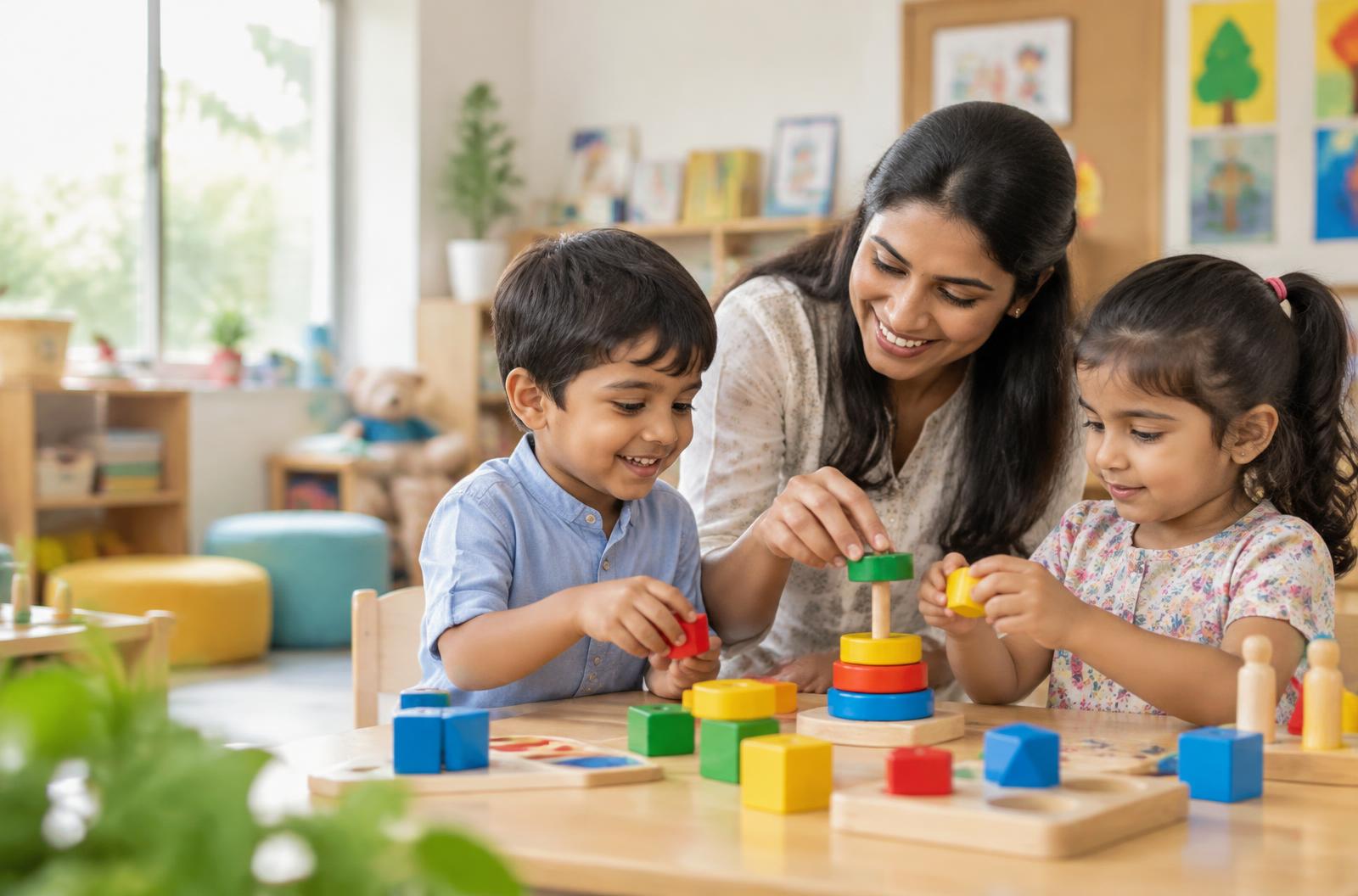 Teacher guiding children through a hands-on learning activity