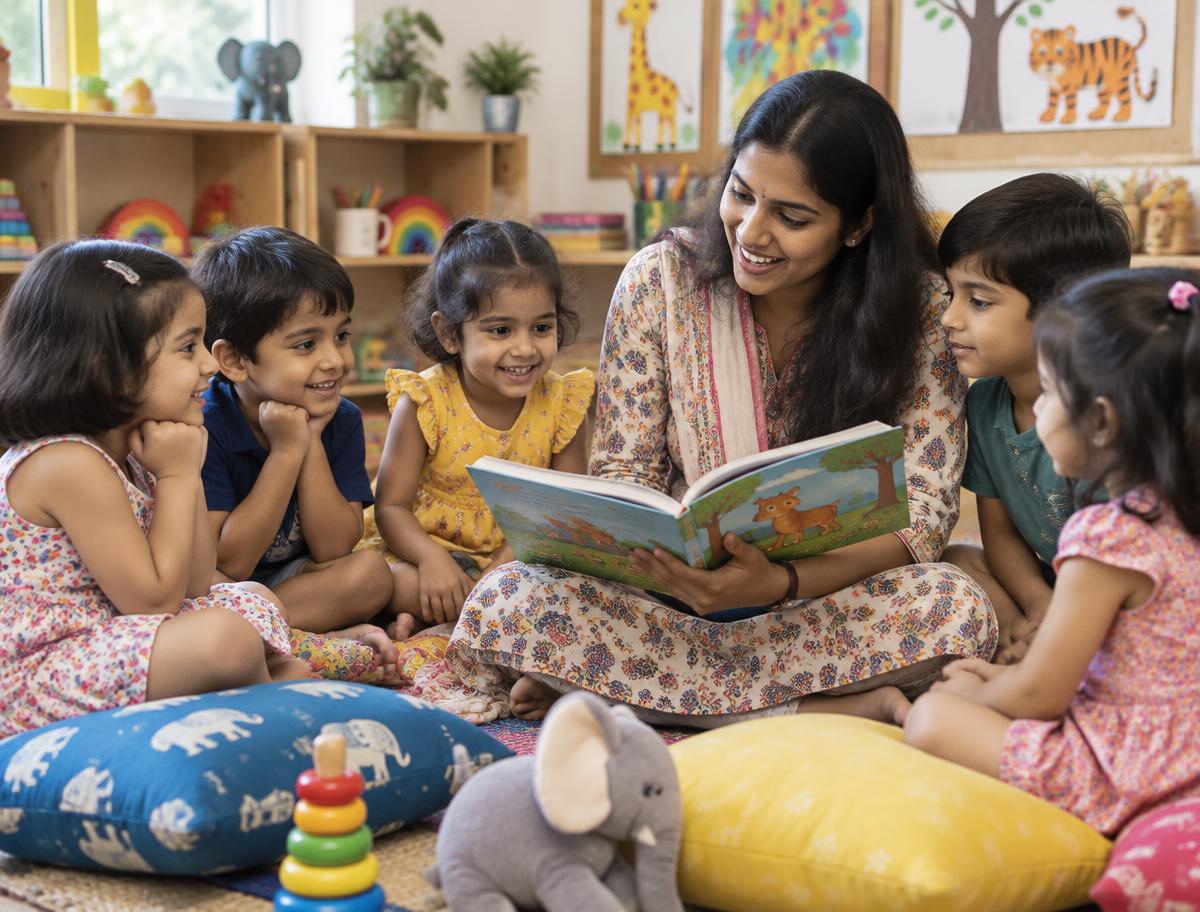 A teacher reading a picture book with preschool children